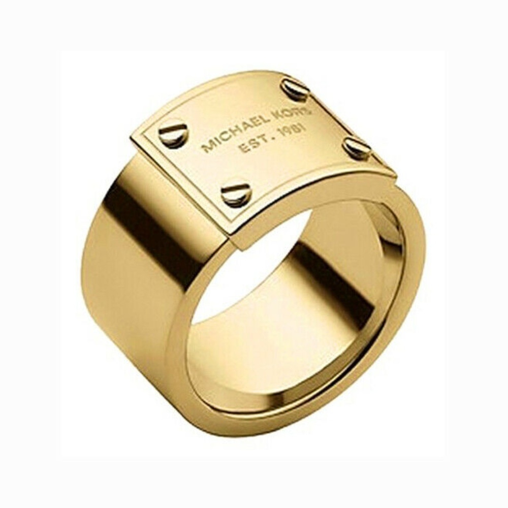 Michael Kors Gold Tone Logo Plaque Ring Size 6